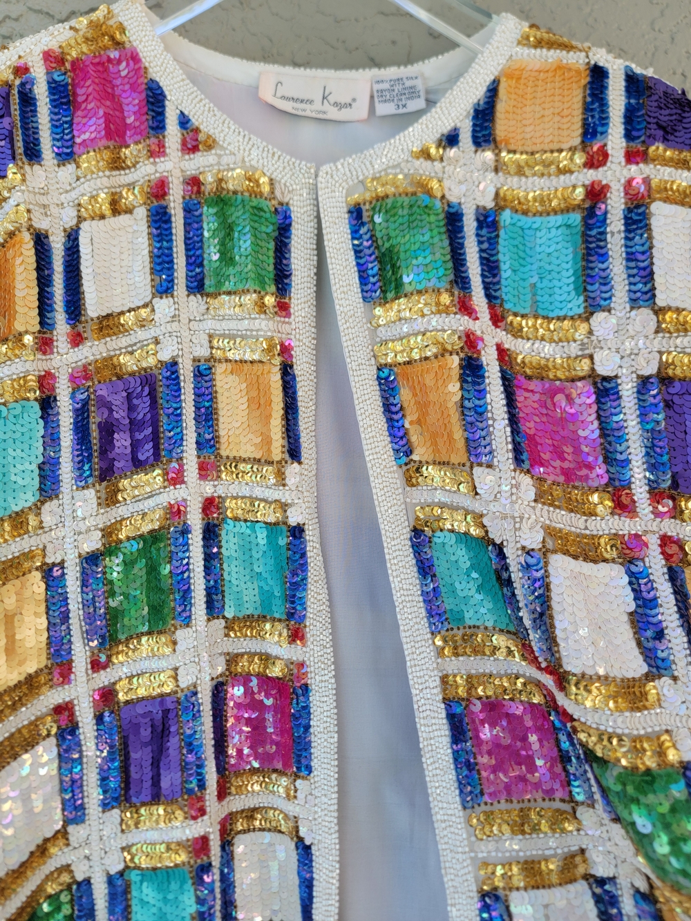 Vintage 80s Laurence Kazar 3X Silk Multicolor Sequin Beaded Jacket Dolly chic - Picture 5 of 15